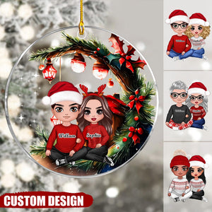 Red tree house - Christmas Doll Couple Sitting Hugging Personalized Custom Ornament