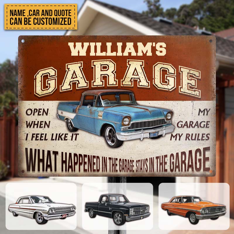 Personalized Garage Sign - "What Happened In The Garage Stays In The Garage" | Classic Metal Wall Decor | Humorous Gift For Car Enthusiasts