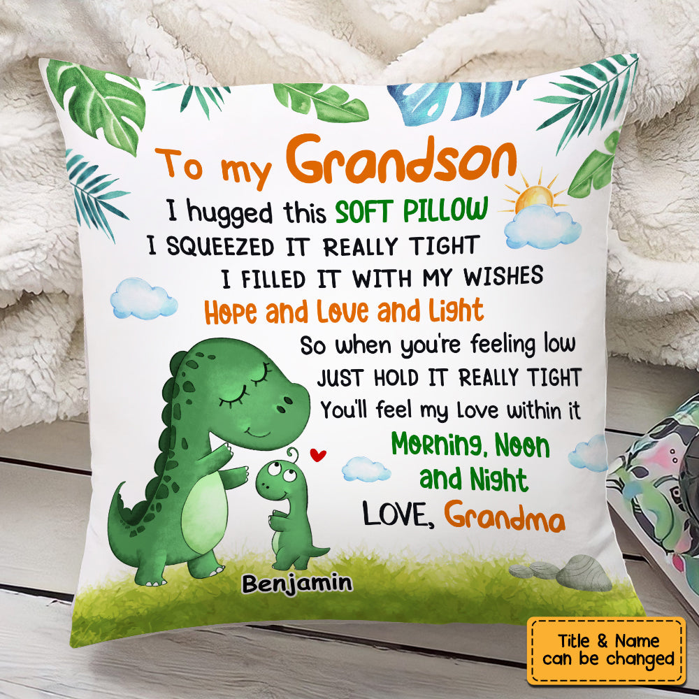 Personalized "To My Grandson" Dinosaur Pillow | Custom Name & Grandma Love Message | Huggable Room Decor & Birthday Gift For Boys