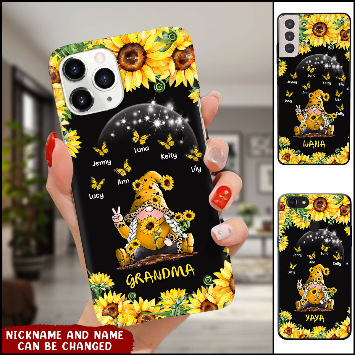 Personalized Phone case Mommy, Grandma Sunflower Doll Butterflies