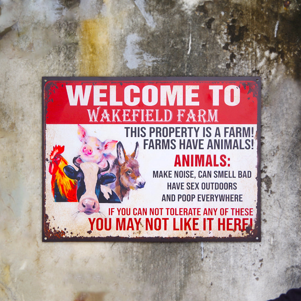 Custom Farm's Name Metal Sign - Welcome This Property Is A Farm - Chicken, Cow, Pig, Goat