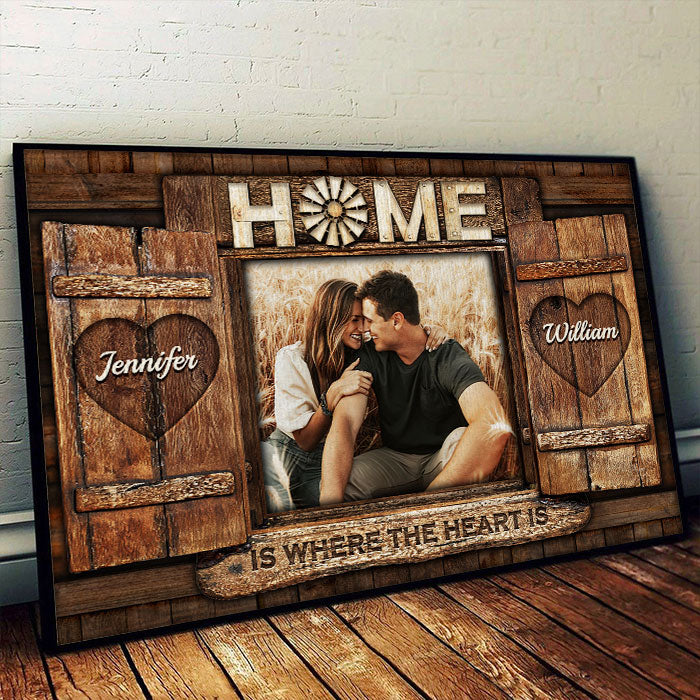 Personalized Horizontal Poster - Home Is Where The Heart Is - Upload Image, Gift For Couples, Husband Wife