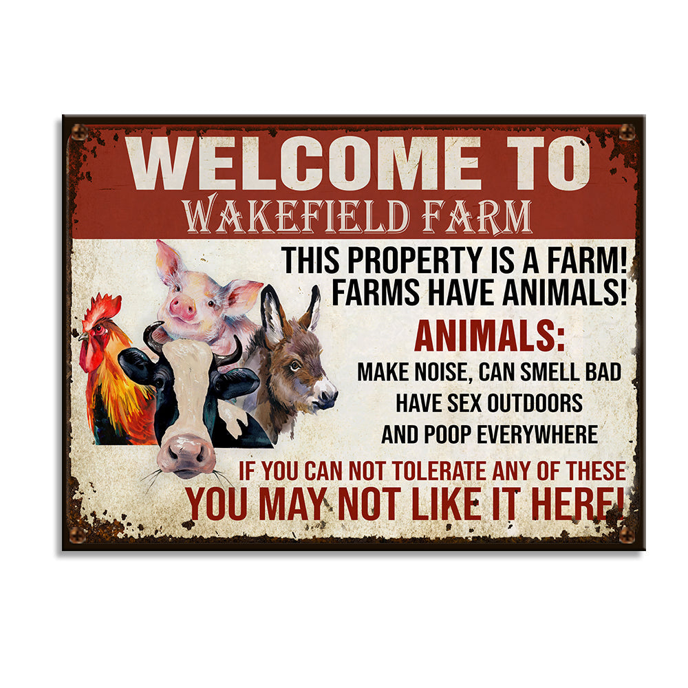 Custom Farm's Name Metal Sign - Welcome This Property Is A Farm - Chicken, Cow, Pig, Goat