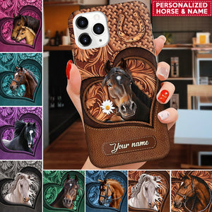 Personalized Phone Case Love Horse Breeds Custom Name Hoofprint Leather Pattern