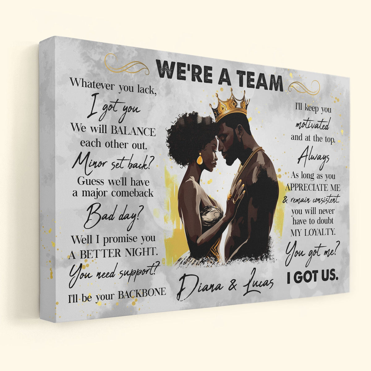 Personalized Black Couple Poster - Custom Anniversary Gift with 'I Got Us' Love Quote & Wedding Date Engraved on Gallery-Wrapped Canvas