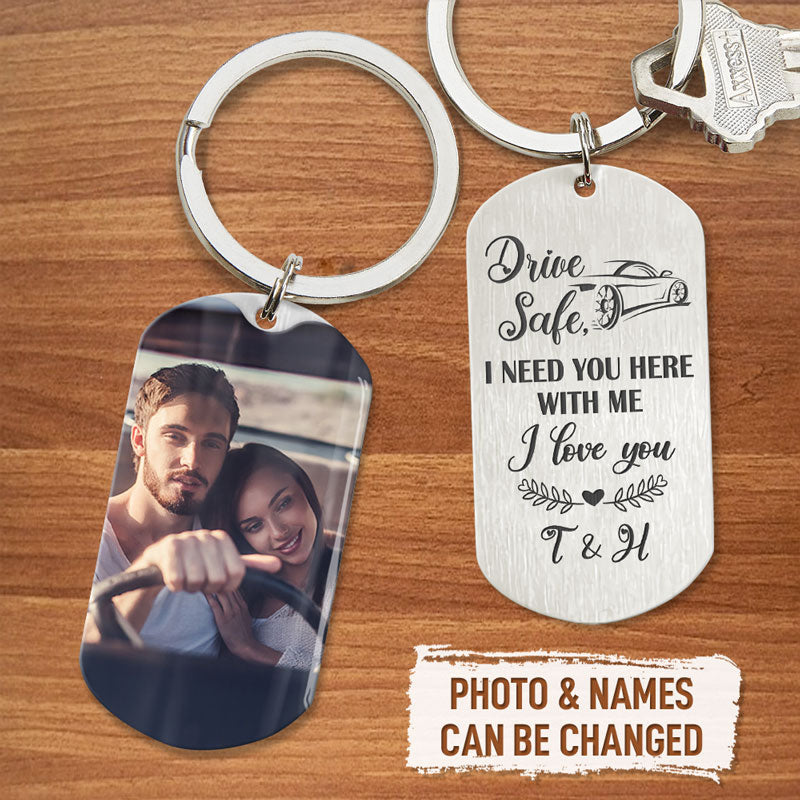Personalized Anniversary Keychain for Him - 'Drive Safe' Engraved Photo Keepsake, Custom Romantic Gift for Husband/Boyfriend with Heartfelt Message