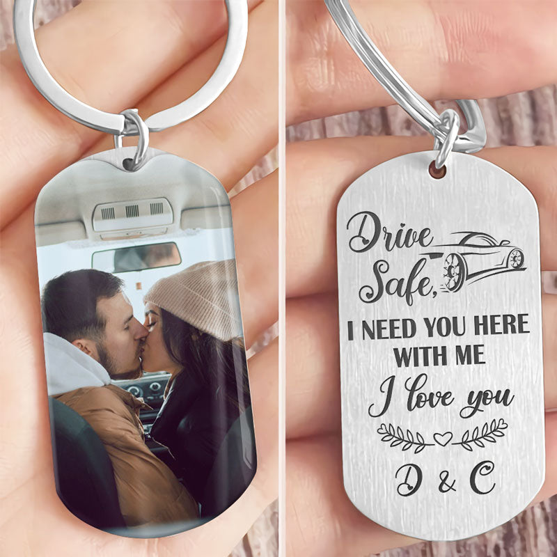 Personalized Anniversary Keychain for Him - 'Drive Safe' Engraved Photo Keepsake, Custom Romantic Gift for Husband/Boyfriend with Heartfelt Message
