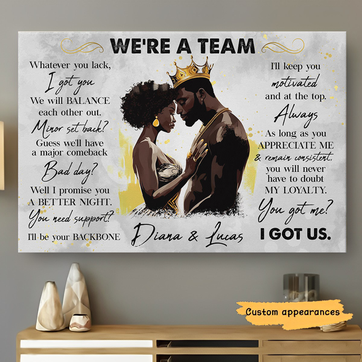 Personalized Black Couple Poster - Custom Anniversary Gift with 'I Got Us' Love Quote & Wedding Date Engraved on Gallery-Wrapped Canvas