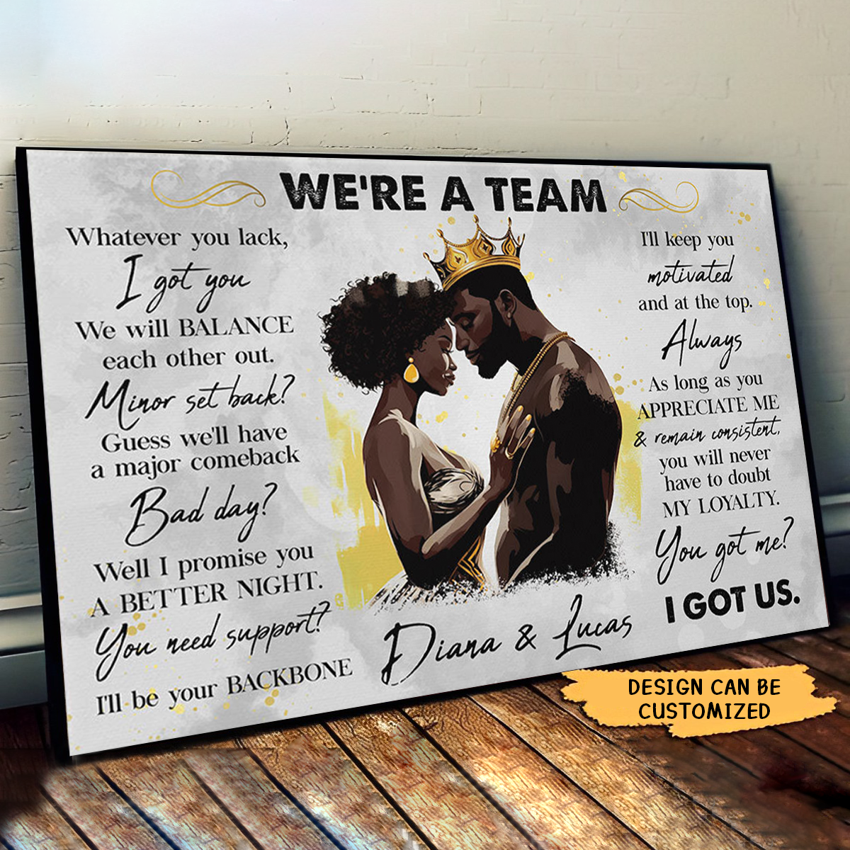 Personalized Black Couple Poster - Custom Anniversary Gift with 'I Got Us' Love Quote & Wedding Date Engraved on Gallery-Wrapped Canvas